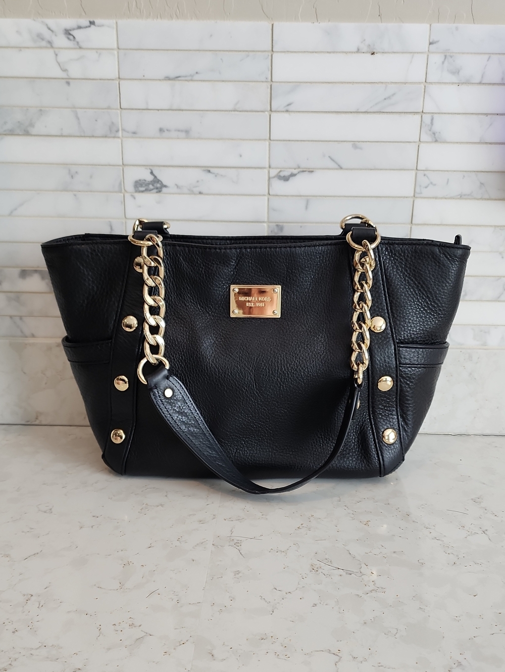 Michael Kors Black Leather Chain-Handle Tote